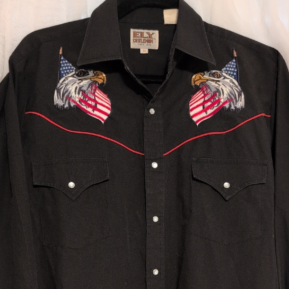 Vintage Ely Cattleman Shirt with Eagle & American Flag Embroidery Pearl Snaps